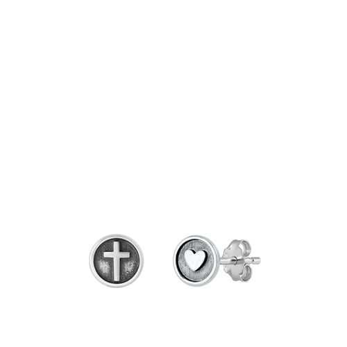 Sterling Silver Oxidized Cross and Heart Stud Earrings