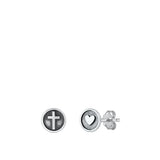 Sterling Silver Oxidized Cross and Heart Stud Earrings