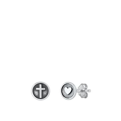 Sterling Silver Oxidized Cross and Heart Stud Earrings