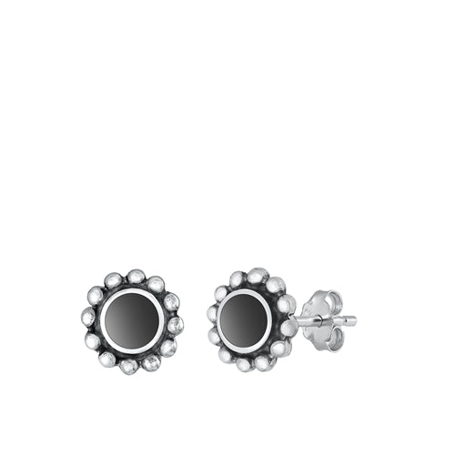 Sterling Silver Oxidized Round Black Agate Stone Earrings