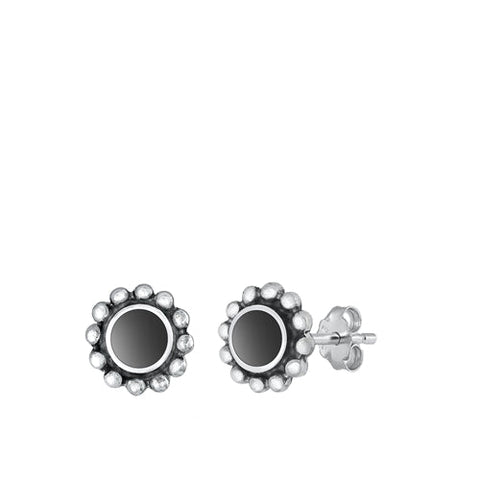 Sterling Silver Oxidized Round Black Agate Stone Earrings