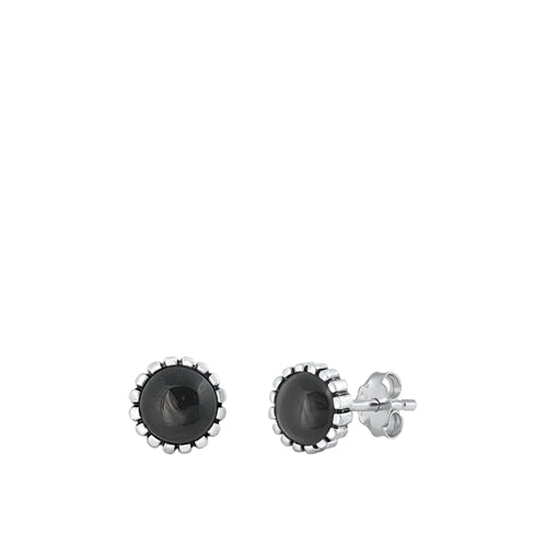 Sterling Silver Black Agate Round Stone Earrings