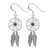 Sterling Silver Oxidized Onyx Feathers Stone Earrings-14mm
