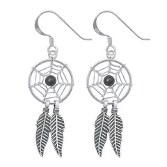Sterling Silver Oxidized Onyx Feathers Stone Earrings-14mm