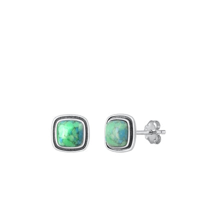 Sterling Silver Oxidized Square Genuine Turquoise Stone Earrings Face Height-8.8mm