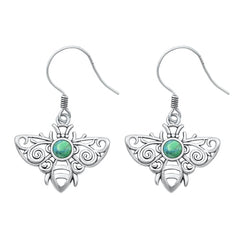 Sterling Silver Oxidized Bee Genuine Turquoise Stone Earrings Face Height-14.8mm