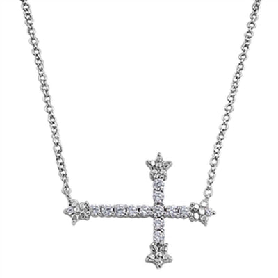 Sterling Silver Elegant Sideways Cross Paved with Clear CZ, Chain Length 16
