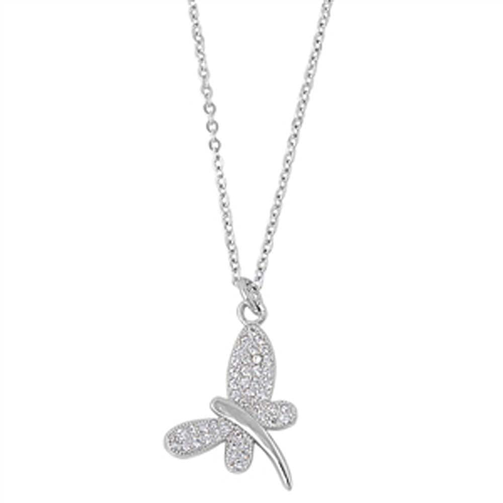 Sterling Silver Fancy Dragonfly Necklace Paved with Clear CZ And Chain Length 16" + 1" Extension