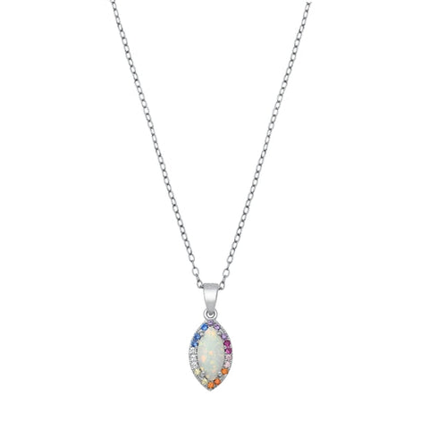 Sterling Silver Marquise White Lab Opal And Multi Colored CZ Necklace