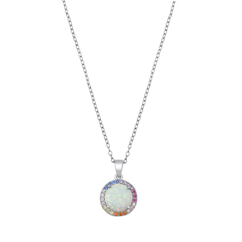 Sterling Silver Round White Lab Opal And Multi Colored CZ Necklace