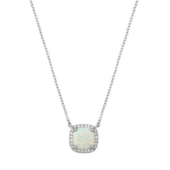 Sterling Silver Square White Lab Opal And Clear CZ Necklace