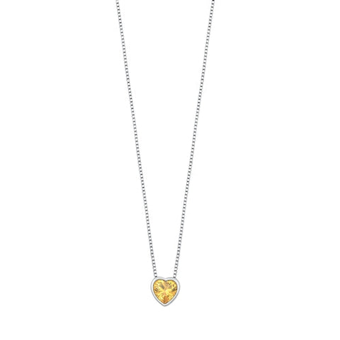Sterling Silver Rhodium Plated Heart Yellow CZ Solitaire Necklace