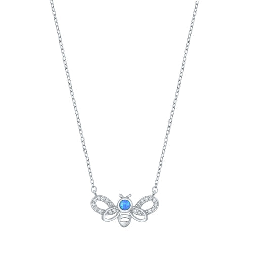 Sterling Silver Rhodium Plated Bee Blue Lab Opal And Clear CZ Necklace