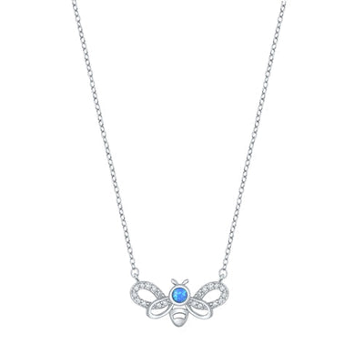 Sterling Silver Rhodium Plated Bee Blue Lab Opal and Clear CZ Necklace Length-16+2inches Extension, Charm Height-10mm