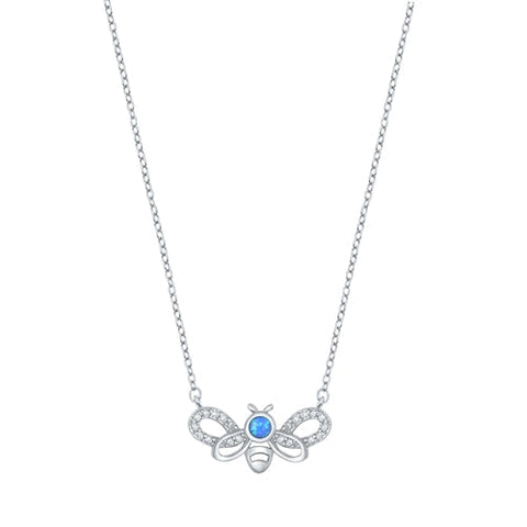 Sterling Silver Rhodium Plated Bee Blue Lab Opal And Clear CZ Necklace Length-16+2inches Extension, Charm Height-10mm