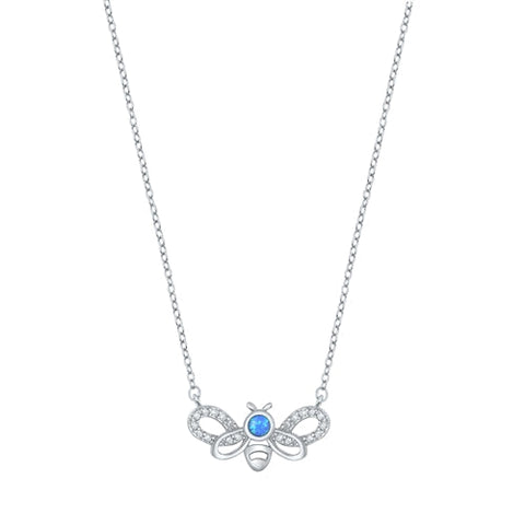 Sterling Silver Rhodium Plated Bee Blue Lab Opal And Clear CZ Necklace