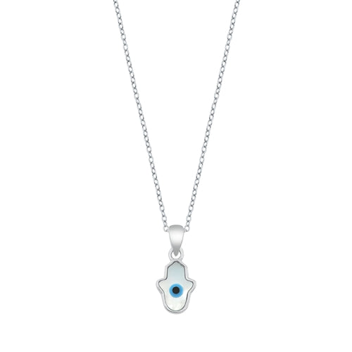 Sterling Silver Rhodium Plated Evil Eye Hamsa Mother Of Pearl Necklace Length-16+2inches Extension, Charm Height-11.2mm