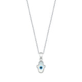 Sterling Silver Rhodium Plated Evil Eye Hamsa Mother Of Pearl Necklace Length-16+2inches Extension, Charm Height-11.2mm
