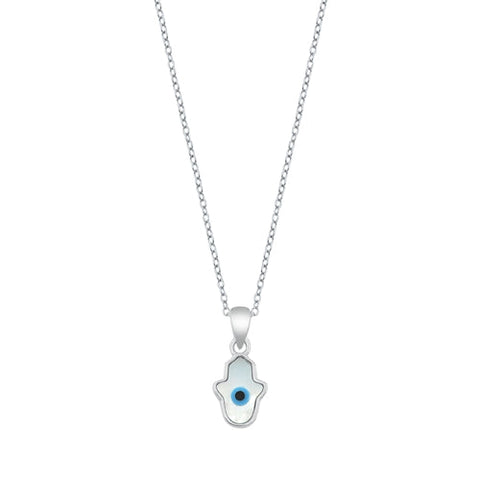 Sterling Silver Rhodium Plated Evil Eye Hamsa Mother Of Pearl Necklace Length-16+2inches Extension, Charm Height-11.2mm