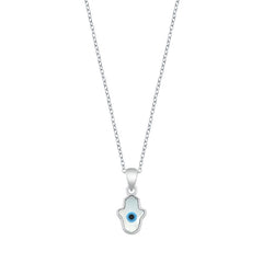 Sterling Silver Rhodium Plated Evil Eye Hamsa Mother Of Pearl Necklace Length-16+2inches Extension, Charm Height-11.2mm
