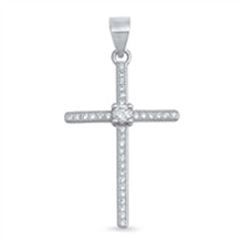 Load image into Gallery viewer, Sterling Silver Thin Cross Pendant with Clear CZ Stones and a Square CZ Stone in the Middle And Pendant Height of 29MM