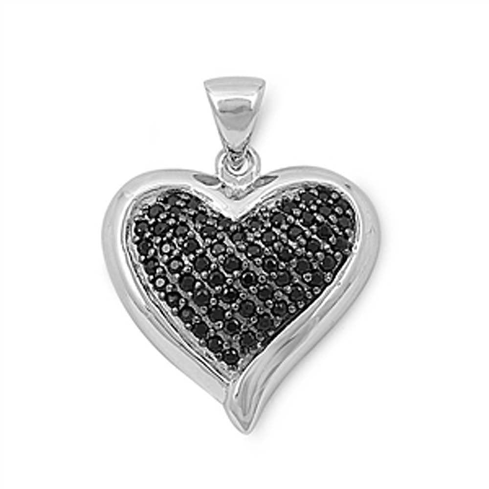 Sterling Silver Elegant Black CZ Paved Heart Pendant