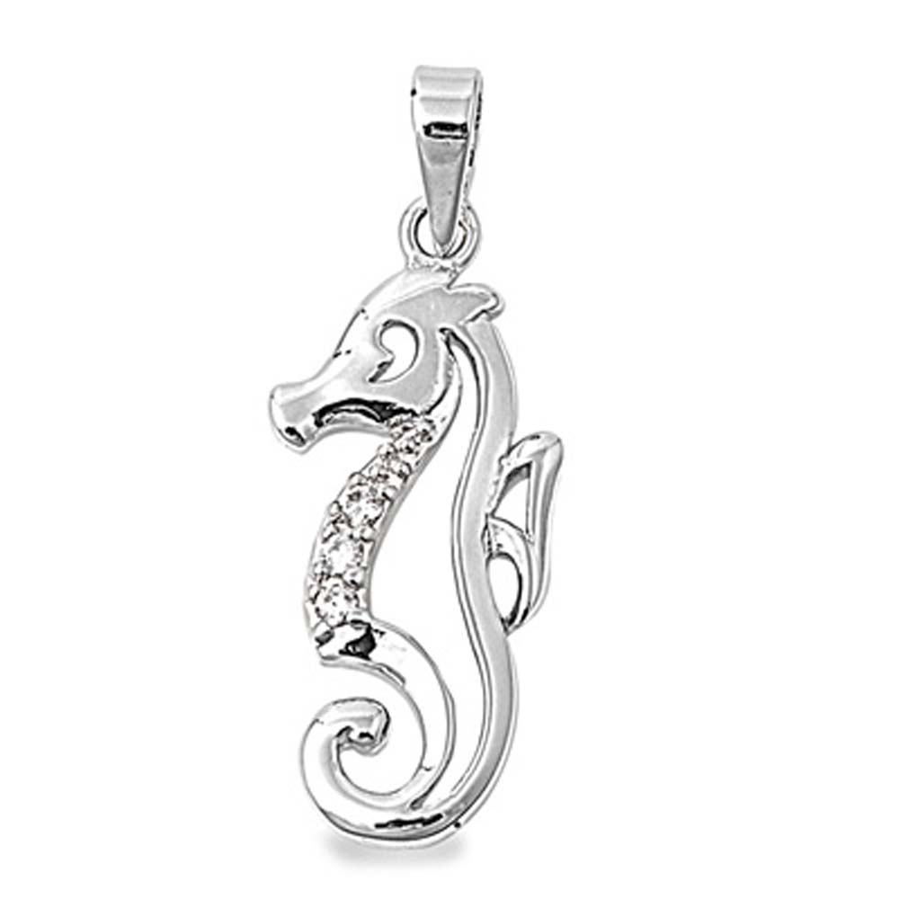 Sterling Silver Seahorse Pendant with Clear CZ