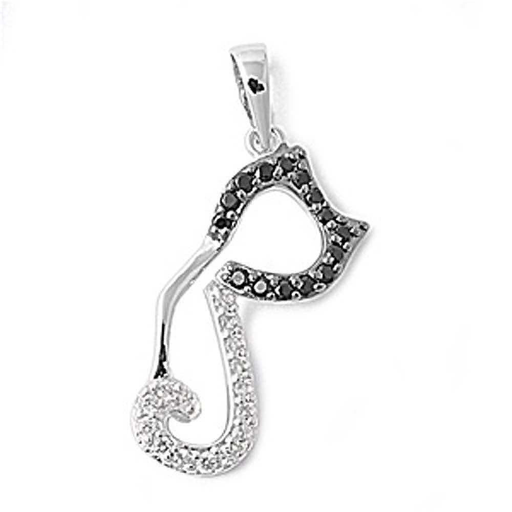 Sterling Silver Stylish Cat Pendant Paved with Black and Clear CZ