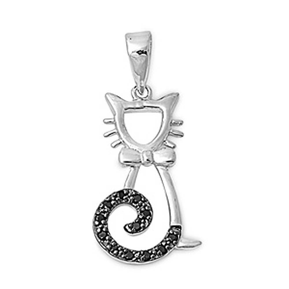 Sterling Silver Cat Pendant with Bow and Black CZ Paved Tail