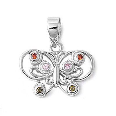 Sterling Silver Fancy Butterfly Pendant  with Multicolored CZ Design