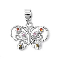 Sterling Silver Fancy Butterfly Pendant  with Multicolored CZ Design
