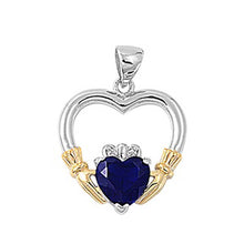 Load image into Gallery viewer, Sterling Silver Elegant Claddagh Pendant with  Blue Sapphire CZ Heart  &amp; Yellow Gold Plated Hands