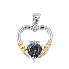 Load image into Gallery viewer, Sterling Silver Elegant Claddagh Pendant with  Rainbow Topaz CZ Heart &amp; Yellow Gold Plated Hands