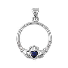 Load image into Gallery viewer, Sterling Silver Elegant Claddagh Pendant with Blue Sapphire CZ Heart