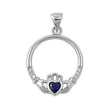 Sterling Silver Elegant Claddagh Pendant with Blue Sapphire CZ Heart