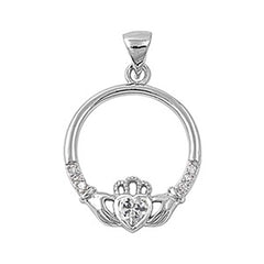 Sterling Silver Elegant Claddagh Pendant with Clear CZ Heart