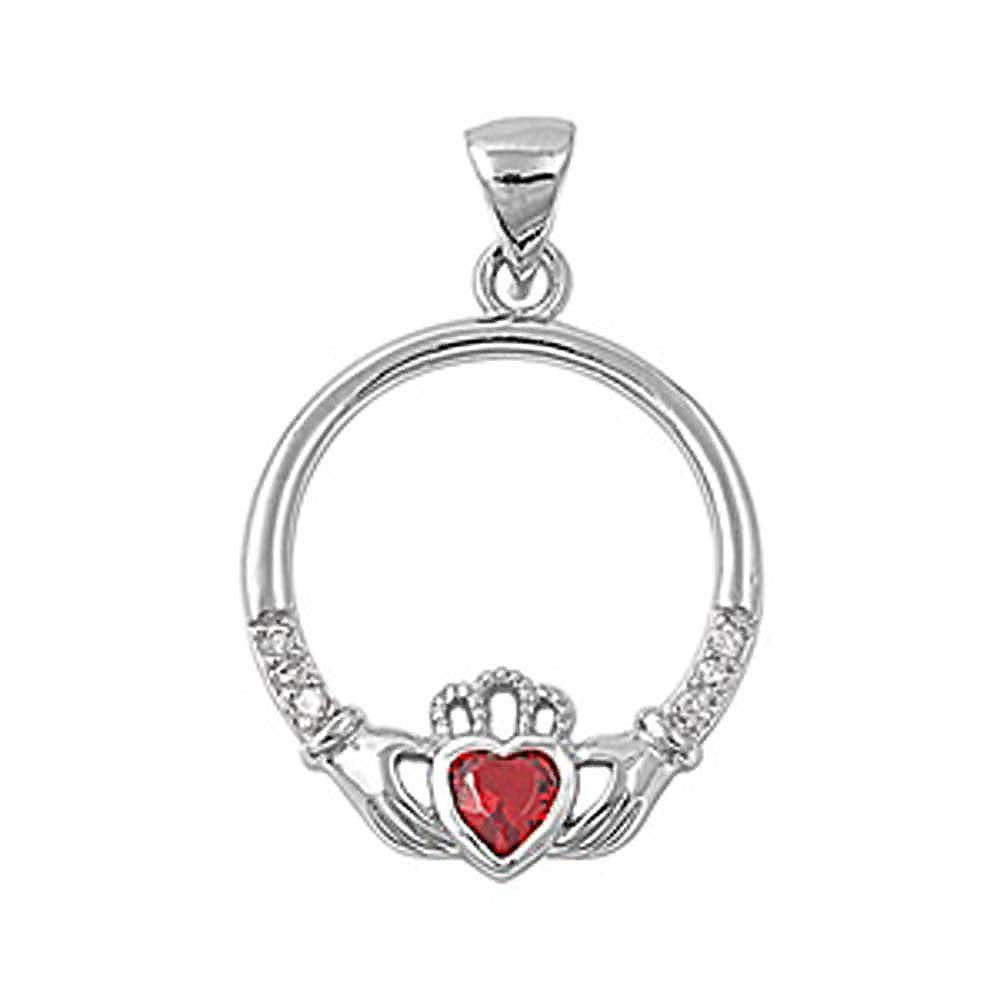 Sterling Silver Elegant Claddagh Pendant with Red Ruby CZ Heart