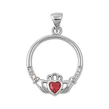 Load image into Gallery viewer, Sterling Silver Elegant Claddagh Pendant with Red Ruby CZ Heart