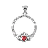 Sterling Silver Elegant Claddagh Pendant with Red Ruby CZ Heart