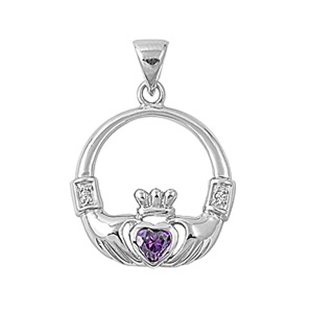 Sterling Silver Elegant Claddagh Pendant with Amethyst CZ Heart