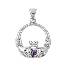 Load image into Gallery viewer, Sterling Silver Elegant Claddagh Pendant with Amethyst CZ Heart