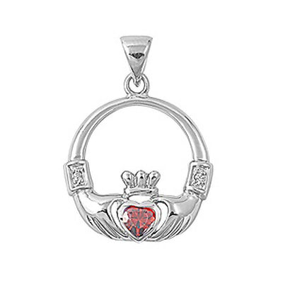 Sterling Silver Elegant Claddagh Pendant with Garnet CZ Heart