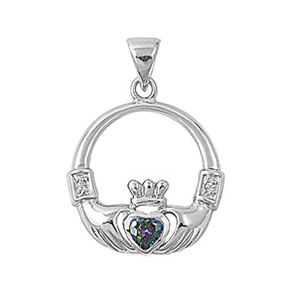 Sterling Silver Elegant Claddagh Pendant with Rainbow Topaz CZ Heart