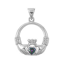 Load image into Gallery viewer, Sterling Silver Elegant Claddagh Pendant with Rainbow Topaz CZ Heart