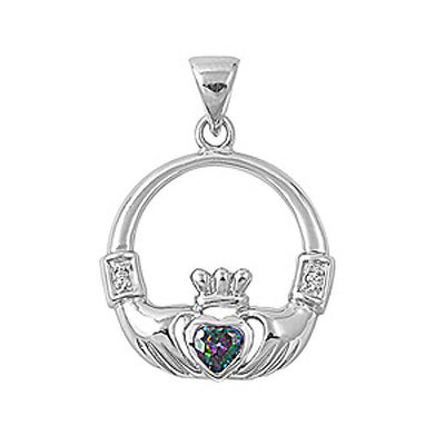 Sterling Silver Elegant Claddagh Pendant with Rainbow Topaz CZ Heart