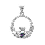 Sterling Silver Elegant Claddagh Pendant with Rainbow Topaz CZ Heart