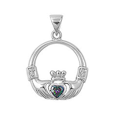 Sterling Silver Elegant Claddagh Pendant with Rainbow Topaz CZ Heart