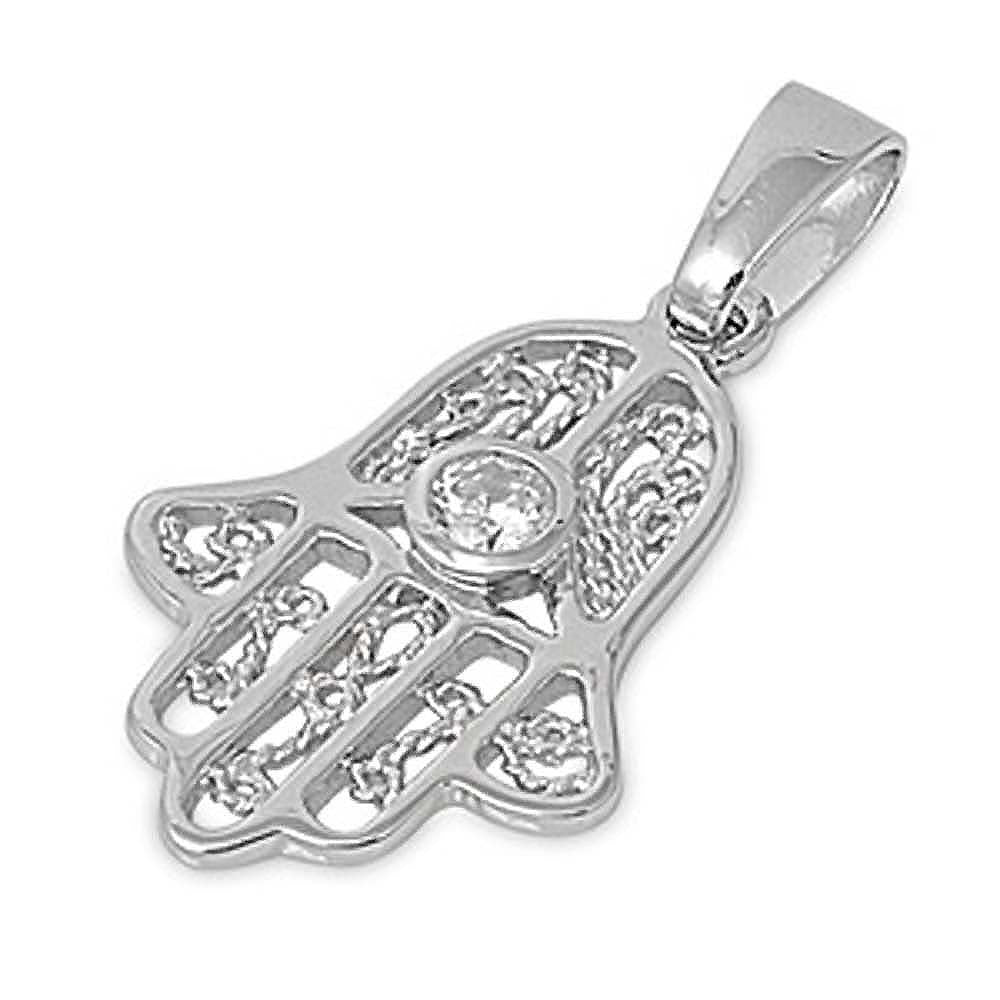 Sterling Silver Fancy Decorated Hamsa Hand Pendant with Centered CZ