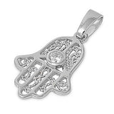 Sterling Silver Fancy Decorated Hamsa Hand Pendant with Centered CZ