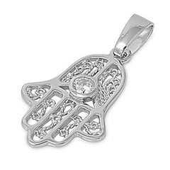 Sterling Silver Fancy Decorated Hamsa Hand Pendant with Centered CZ